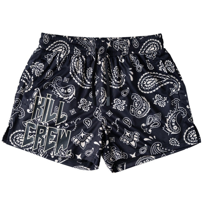 MUAY THAI SHORTS (MID THIGH CUT) BANDANA - BLACK / CREAM Hover Image