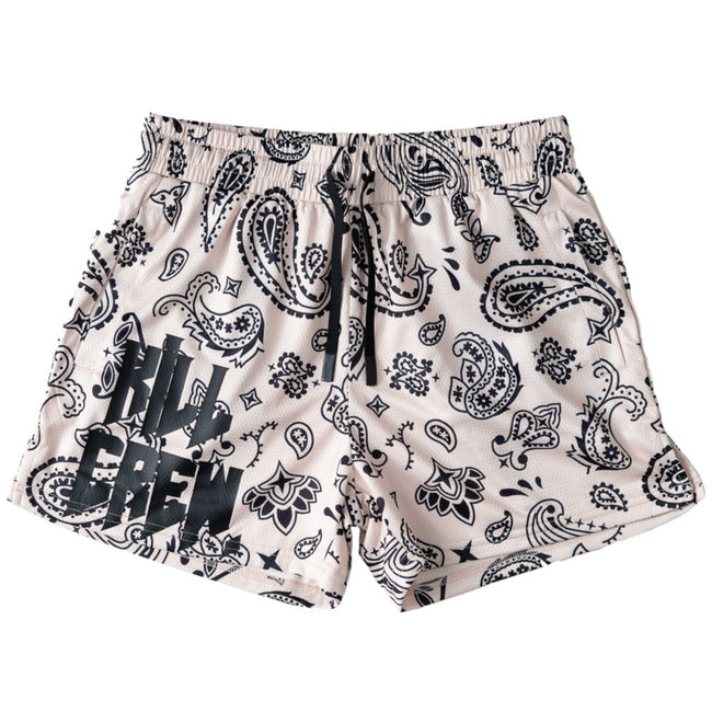 MUAY THAI SHORTS (MID THIGH CUT) BANDANA - CREAM / BLACK Hover Image