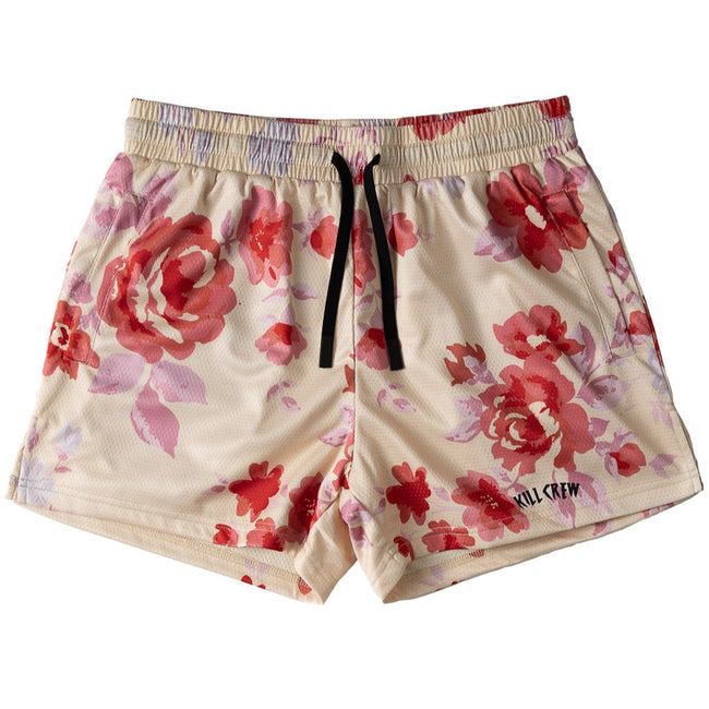 MUAY THAI SHORTS (MID THIGH CUT) FLORAL - CREAM Hover Image