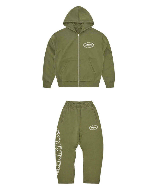 Corteiz Laurel Island Badge Zip Hoodie – Olive Green (+ Matching Pants) Hover Image