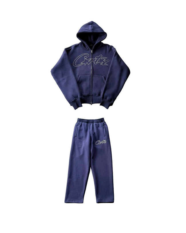 Corteiz Vibe Knit Cardigan Hoodie Set – Navy Blue Hover Image