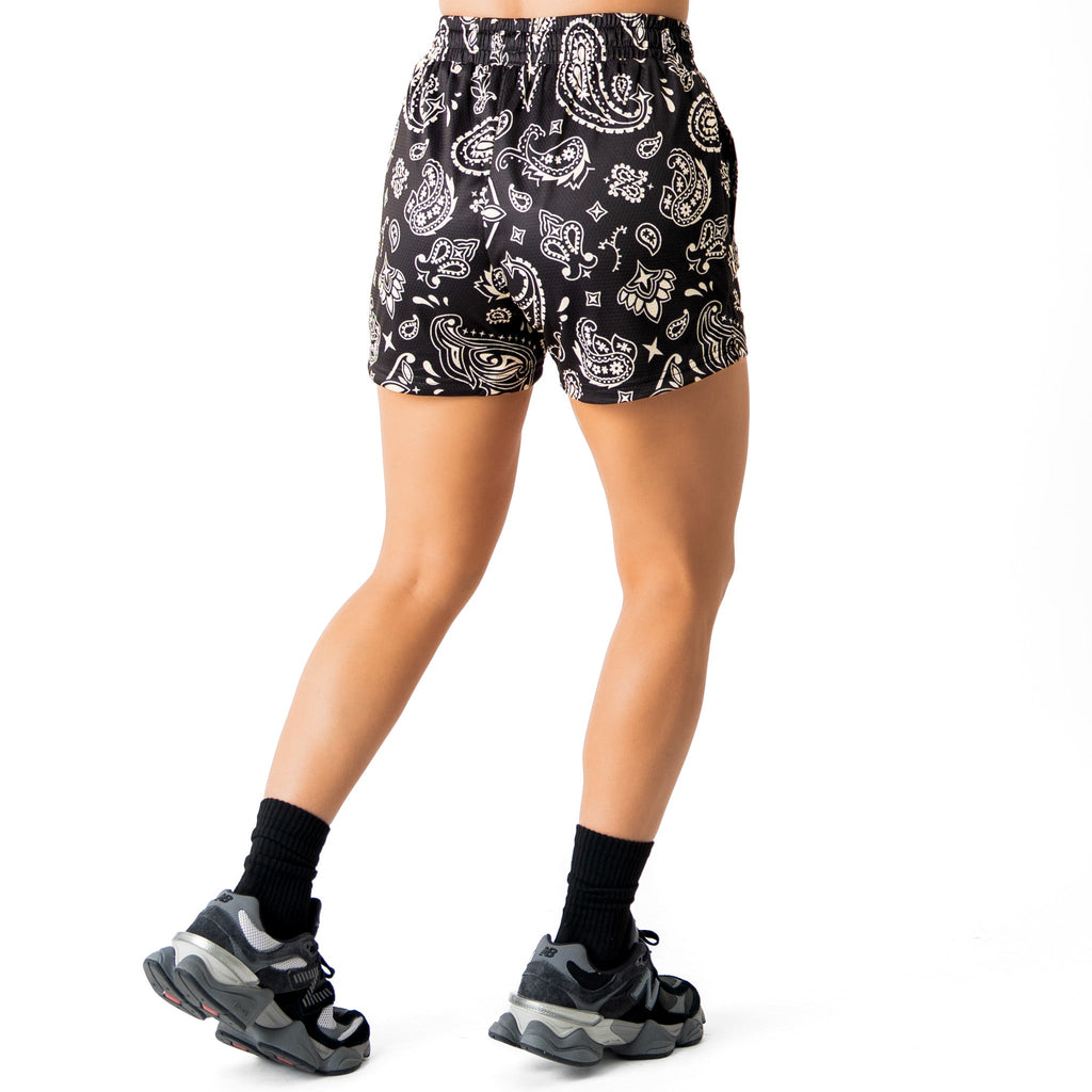 MUAY THAI SHORTS (MID THIGH CUT) BANDANA - BLACK / CREAM