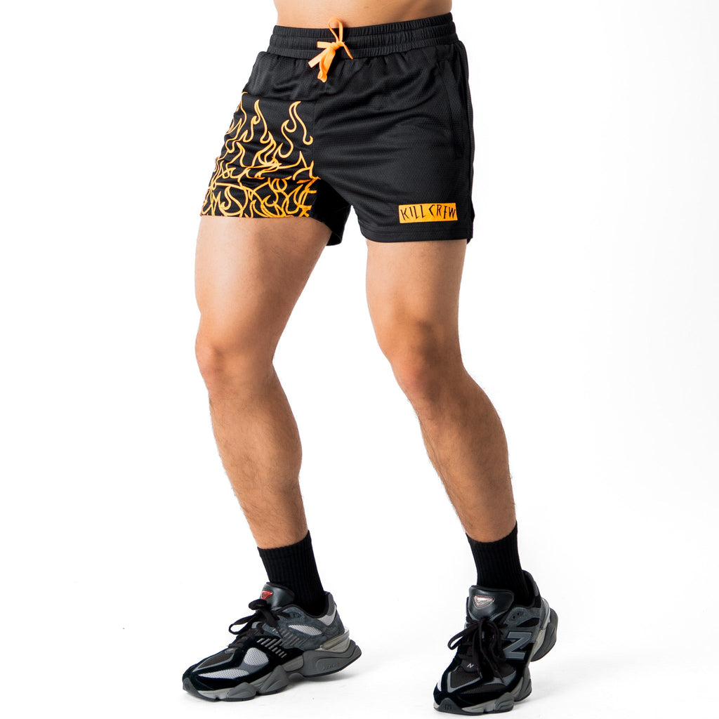 MUAY THAI FLAME SHORTS (MID THIGH CUT) - BLACK / NEON ORANGE