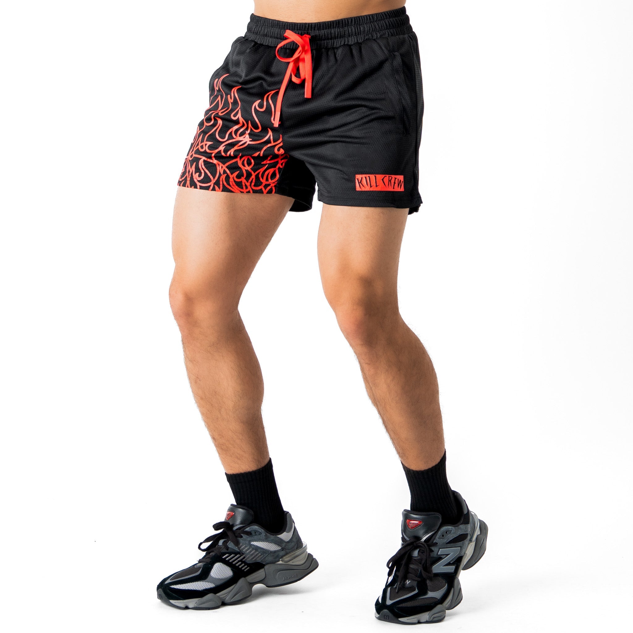 MUAY THAI FLAME SHORTS (MID THIGH CUT) - BLACK / RED