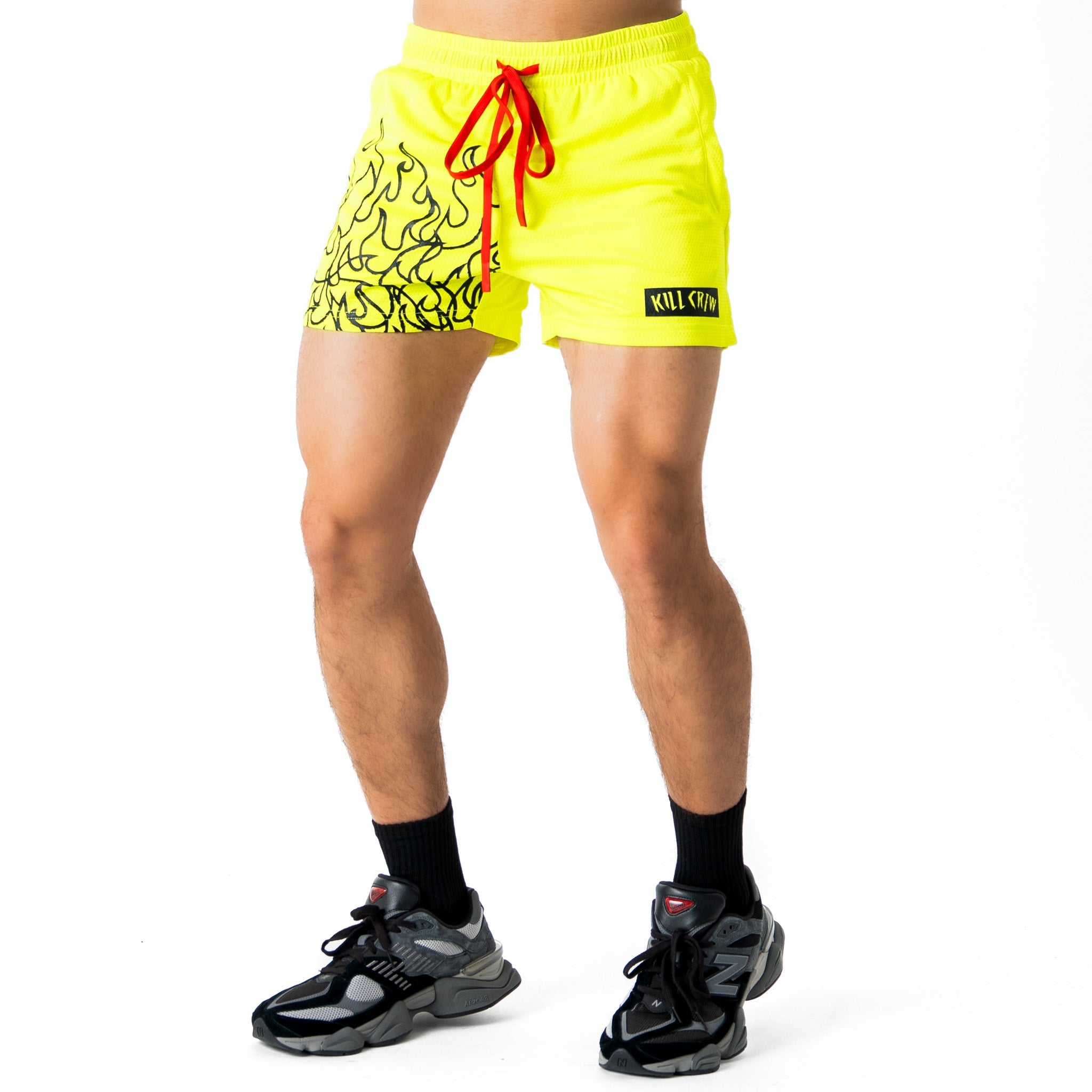 MUAY THAI FLAME SHORTS (MID THIGH CUT) - NEON YELLOW / BLACK