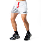 MUAY THAI FLAME SHORTS (MID THIGH CUT) - WHITE / BLACK