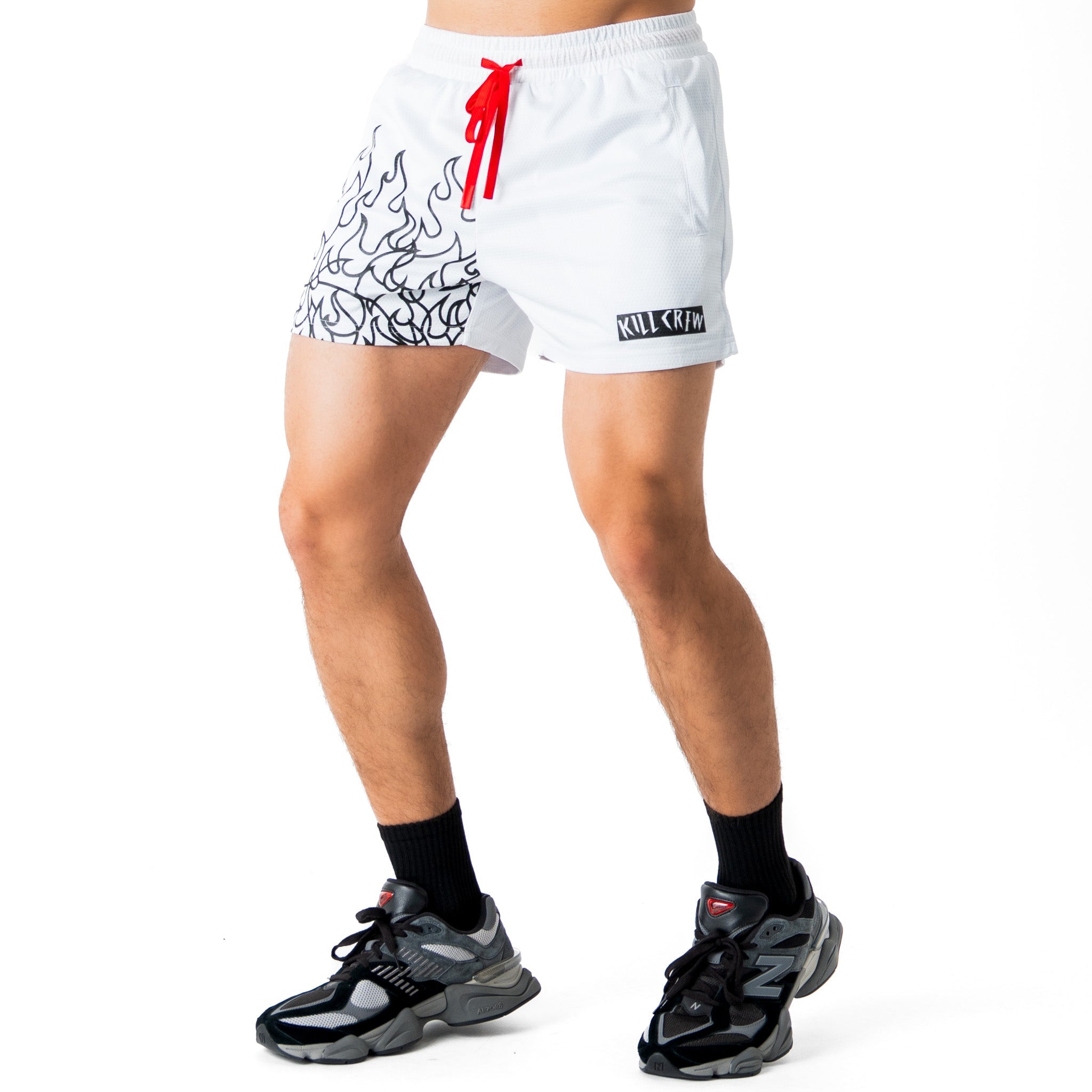 MUAY THAI FLAME SHORTS (MID THIGH CUT) - WHITE / BLACK