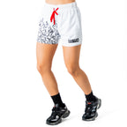 MUAY THAI FLAME SHORTS (MID THIGH CUT) - WHITE / BLACK