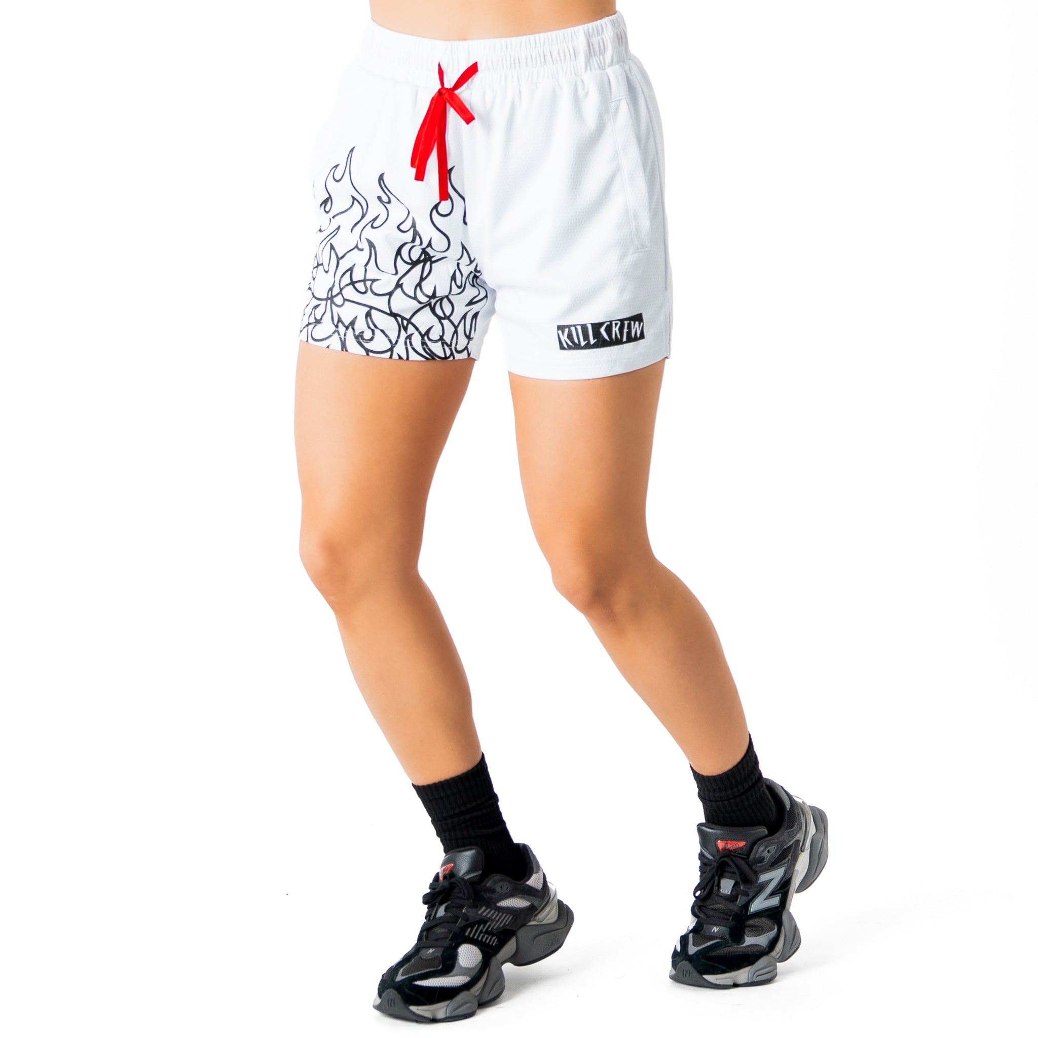 MUAY THAI FLAME SHORTS (MID THIGH CUT) - WHITE / BLACK