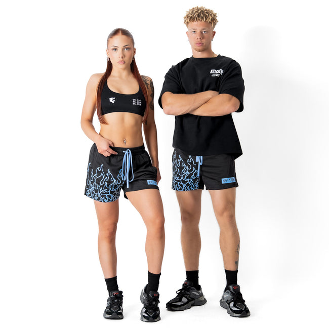 MUAY THAI FLAME SHORTS (MID THIGH CUT) - BLACK / BLUE Main Image