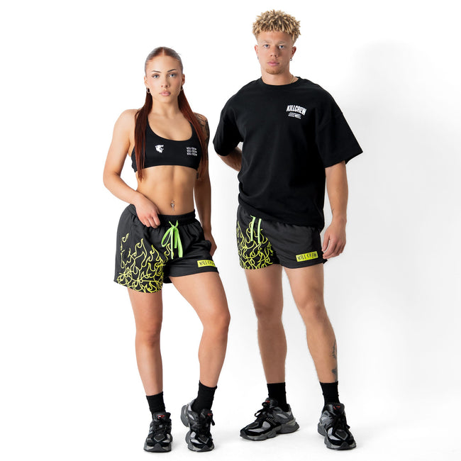 MUAY THAI FLAME SHORTS (MID THIGH CUT) - BLACK / NEON GREEN Main Image