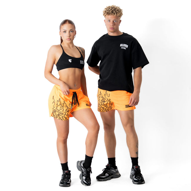 MUAY THAI FLAME SHORTS (MID THIGH CUT) - NEON ORANGE / BLACK Main Image
