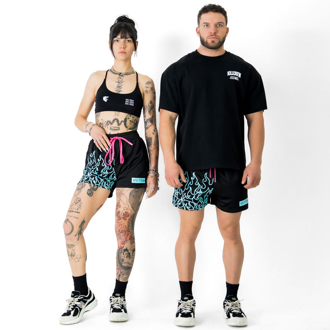 MUAY THAI FLAME SHORTS (MID THIGH CUT) - BLACK / TEAL Main Image