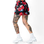 MUAY THAI SHORTS (MID THIGH CUT) FLORAL - BLACK