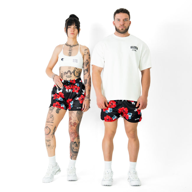 MUAY THAI SHORTS (MID THIGH CUT) FLORAL - BLACK Main Image
