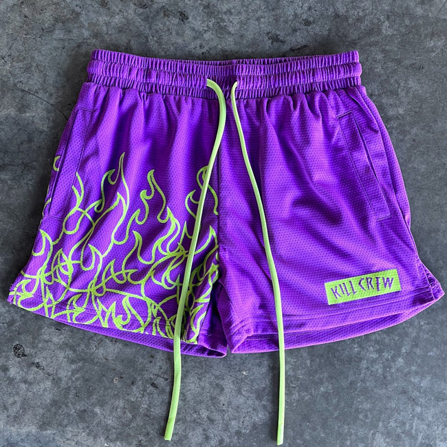 MUAY THAI FLAME SHORTS (MID THIGH CUT) - PURPLE / GREEN Main Image