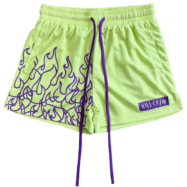 MUAY THAI FLAME SHORTS (MID THIGH CUT) - GREEN / PURPLE Hover Image