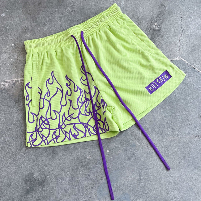 MUAY THAI FLAME SHORTS (MID THIGH CUT) - GREEN / PURPLE Main Image