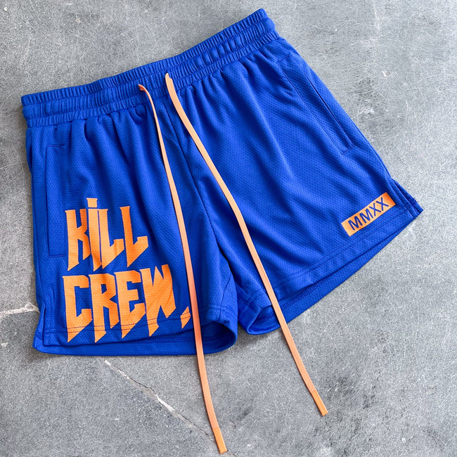 MUAY THAI SHORTS (MID THIGH CUT) - BLUE / ORANGE Main Image