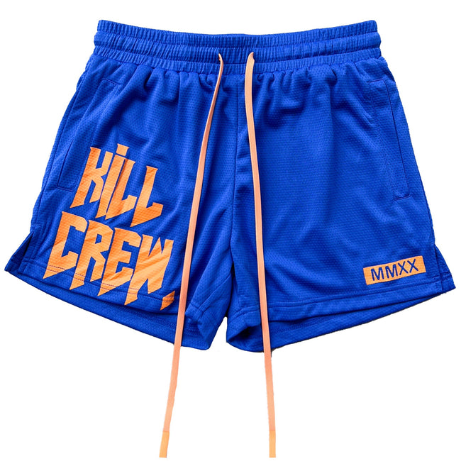 MUAY THAI SHORTS (MID THIGH CUT) - BLUE / ORANGE Hover Image
