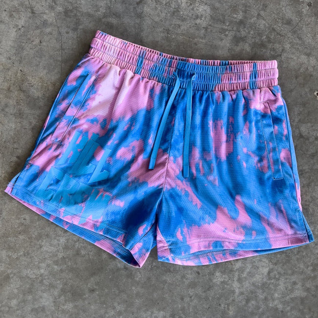 MUAY THAI SHORTS (MID THIGH CUT) ACID WASH - BLUE / PINK Main Image