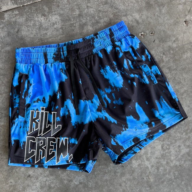 MUAY THAI SHORTS (MID THIGH CUT) ACID WASH - BLUE / BLACK Main Image