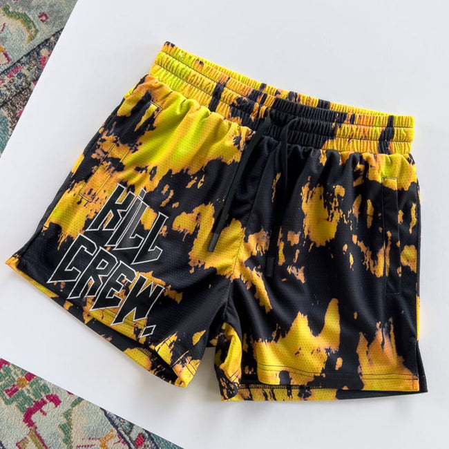 MUAY THAI SHORTS (MID THIGH CUT) ACID WASH - YELLOW / BLACK Main Image