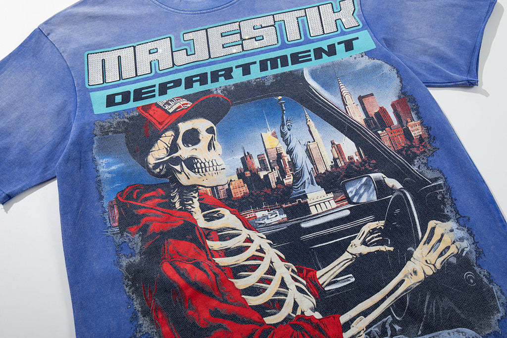 Majestik “Department” Skeleton Driving Rhinestone Vintage Tee