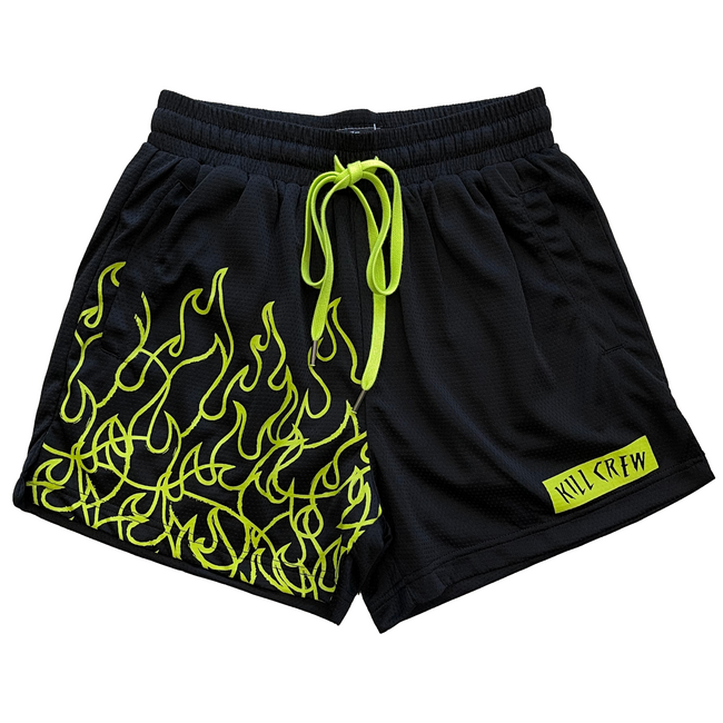 MUAY THAI FLAME SHORTS (MID THIGH CUT) - BLACK / NEON GREEN Hover Image