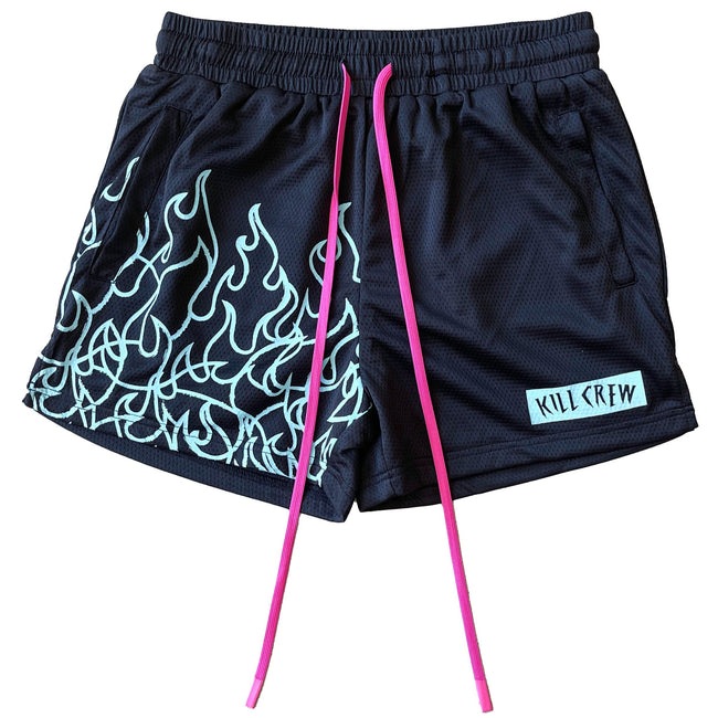 MUAY THAI FLAME SHORTS (MID THIGH CUT) - BLACK / TEAL Hover Image