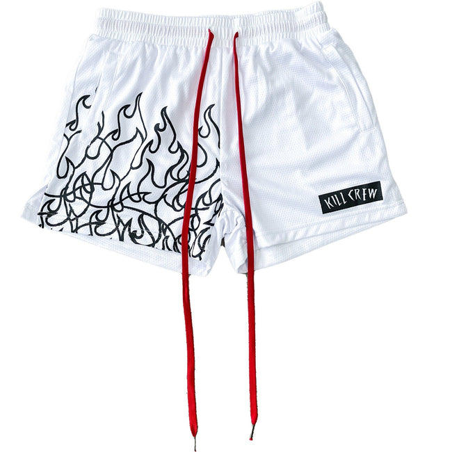 MUAY THAI FLAME SHORTS (MID THIGH CUT) - WHITE / BLACK Hover Image