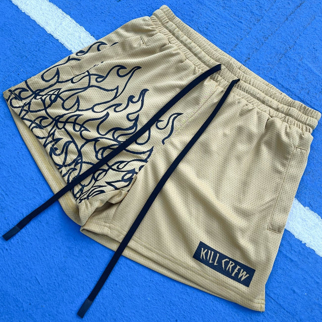 MUAY THAI FLAME SHORTS (MID THIGH CUT) - GOLD / BLACK Main Image