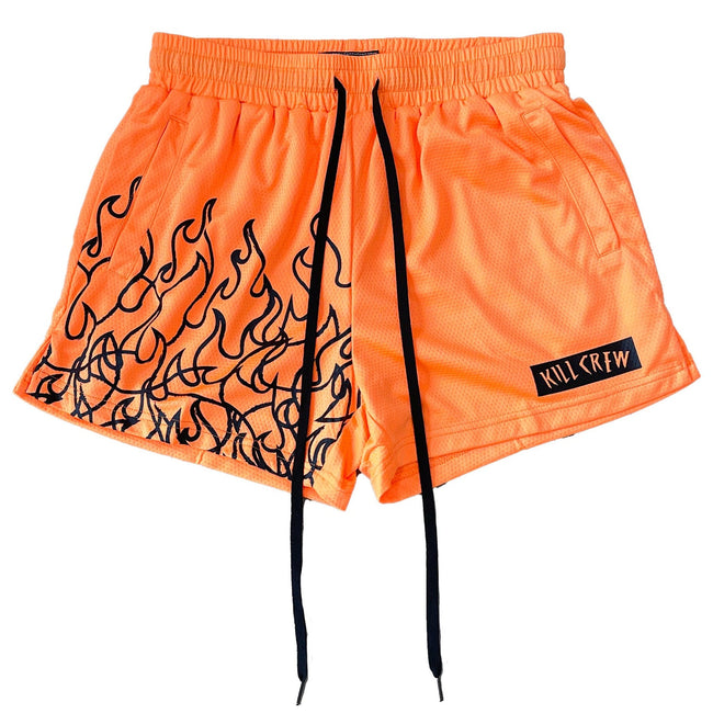 MUAY THAI FLAME SHORTS (MID THIGH CUT) - NEON ORANGE / BLACK Hover Image