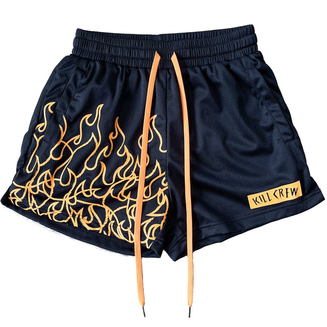 MUAY THAI FLAME SHORTS (MID THIGH CUT) - BLACK / NEON ORANGE Hover Image