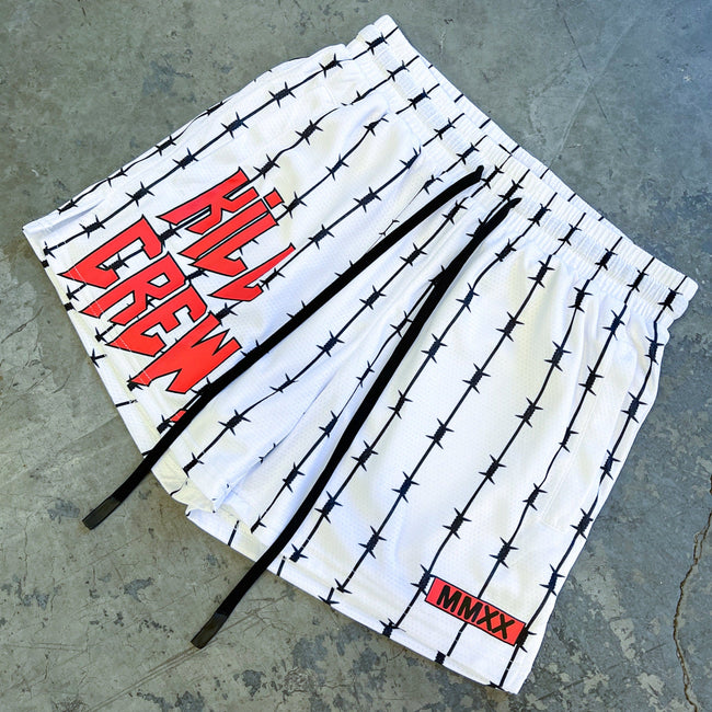 BARBWIRE MUAY THAI SHORTS (MID THIGH CUT) - WHITE / RED Main Image