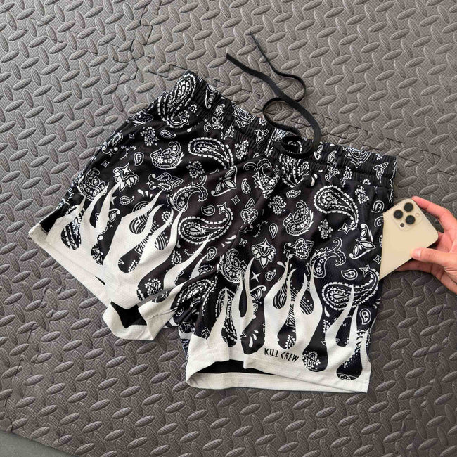 MUAY THAI SHORTS (MID THIGH CUT) BANDANA FLAME - BLACK / WHITE Main Image