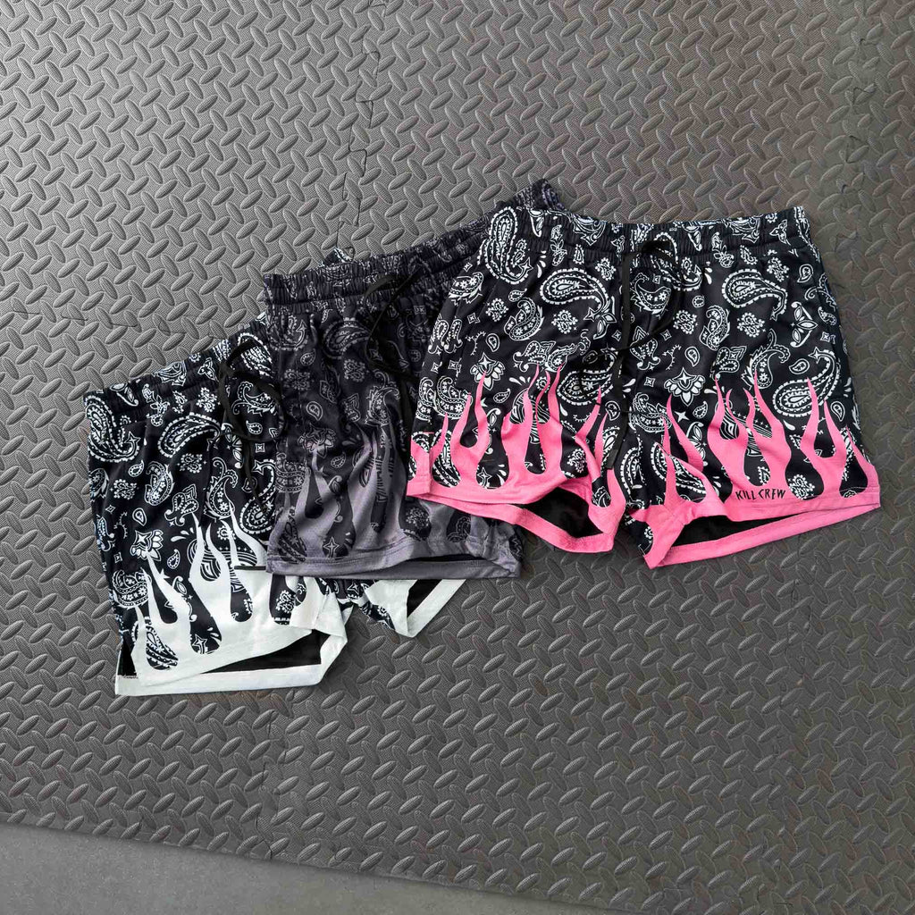 MUAY THAI SHORTS (MID THIGH CUT) BANDANA FLAME - BLACK / PINK