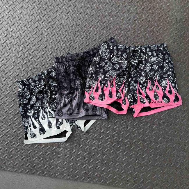 MUAY THAI SHORTS (MID THIGH CUT) BANDANA FLAME - BLACK / PINK Main Image