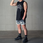 MUAY THAI SHORTS (MID THIGH CUT) BANDANA FLAME - BLACK / WHITE