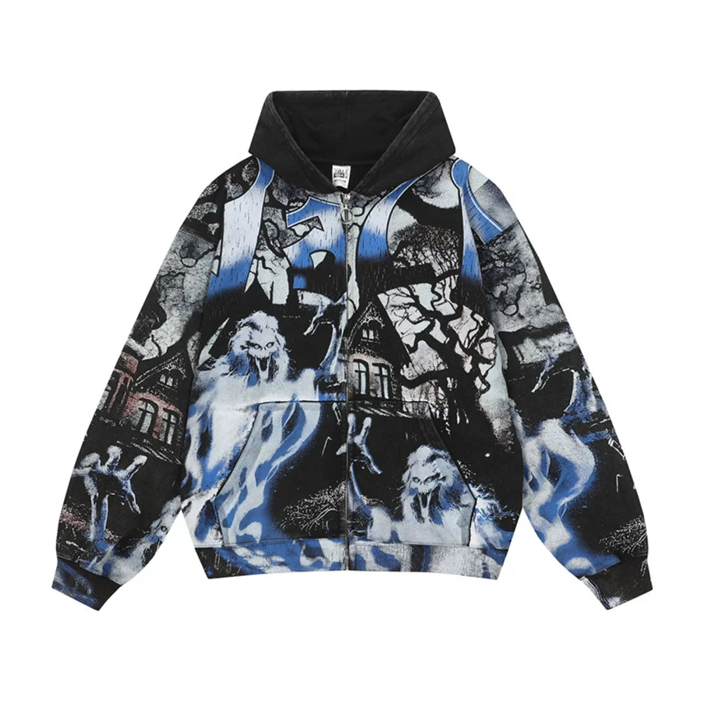 Foreign Trade Fashion Vale Retro Printed Coat High Street Trendy Casual Hip Hop Fashion Men's and Women's Hooded Cardigan Sweatshirt (2)