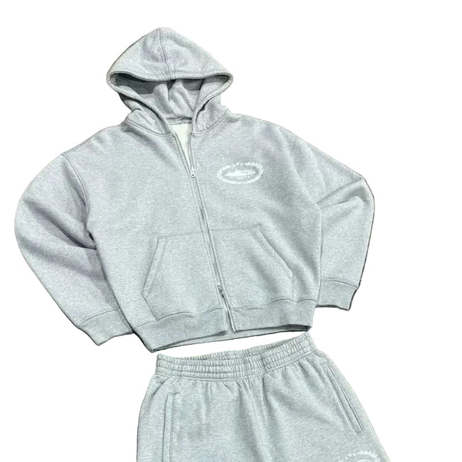 Corteiz Devil's Island Y2K zip knit hoodie set featuring European and American celebrities, hip-hop men's high street casual thick cotton pants trend (2) Hover Image