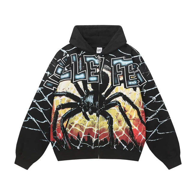 Foreign Trade Fashion Vale Retro Printed Coat High Street Trendy Casual Hip Hop Fashion Men's and Women's Hooded Cardigan Sweatshirt (1) Hover Image