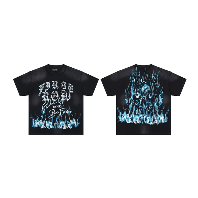 First Row “Wake Up and Be Fierce” Blue Flame Skull Vintage Tee Hover Image