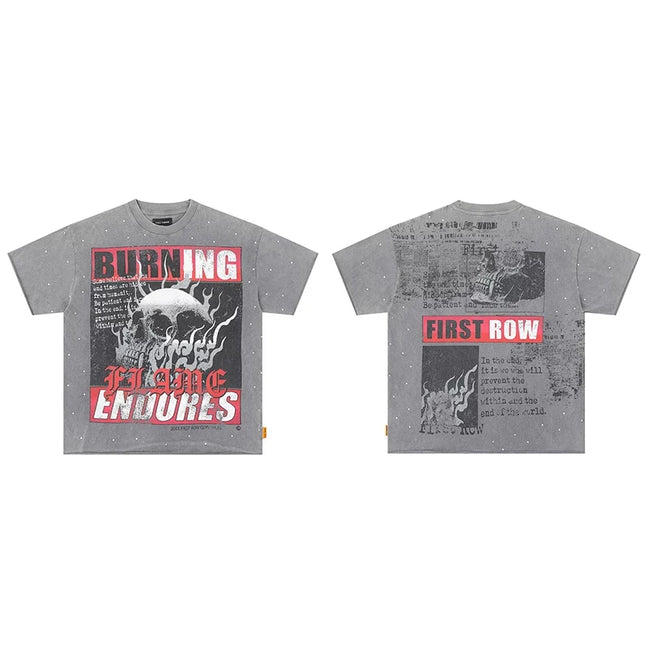 First Row “Burning Flame Endures” Skull Rhinestone Vintage Tee Hover Image