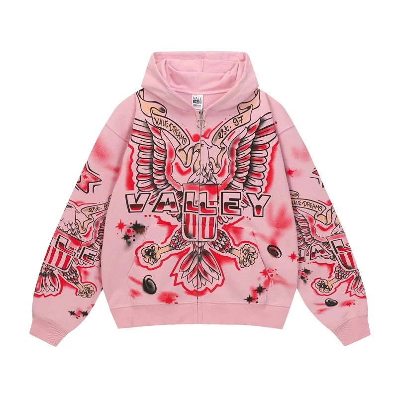Foreign Trade Fashion Vale Retro Printed Coat High Street Trendy Casual Hip Hop Fashion Men's and Women's Hooded Cardigan Sweatshirt (4)