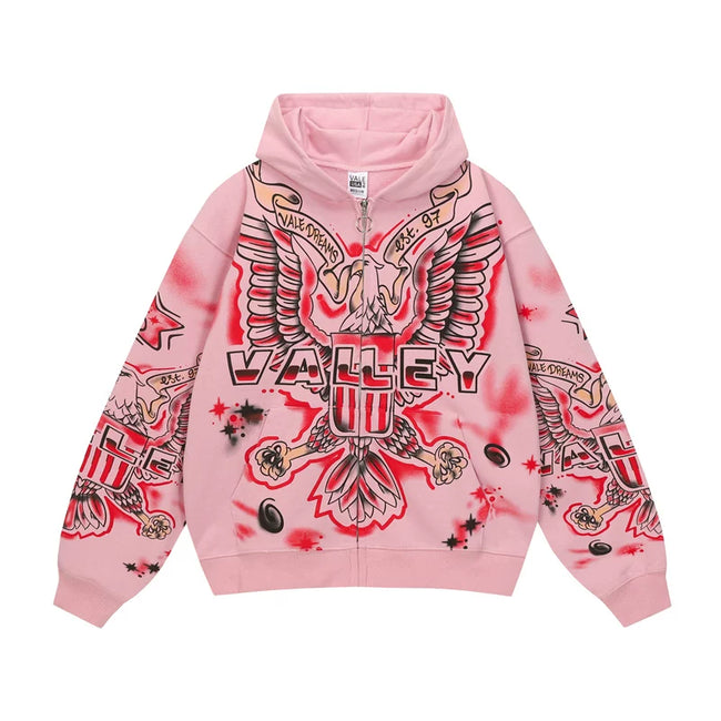 Foreign Trade Fashion Vale Retro Printed Coat High Street Trendy Casual Hip Hop Fashion Men's and Women's Hooded Cardigan Sweatshirt (4) Hover Image