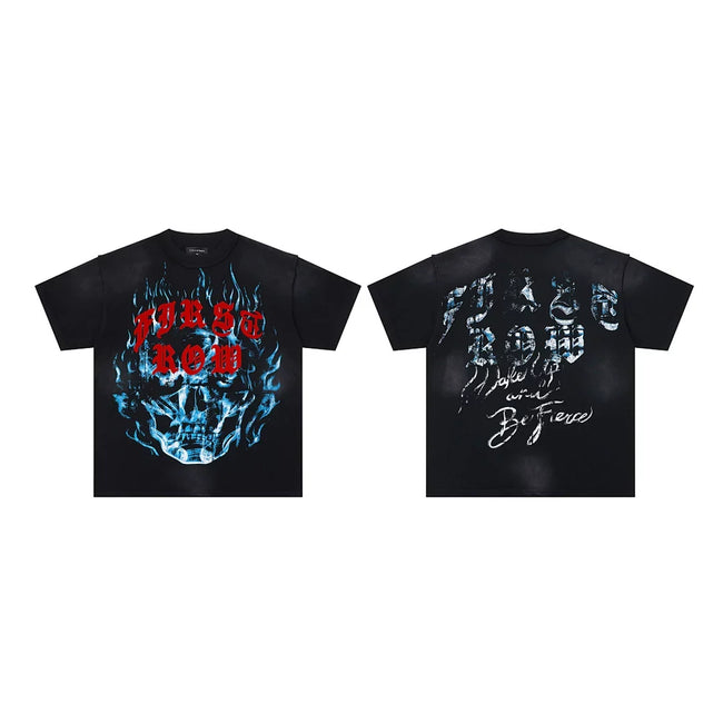 First Row “Wake Up and Be Fierce” Blue Flame Skull Vintage Tee Hover Image