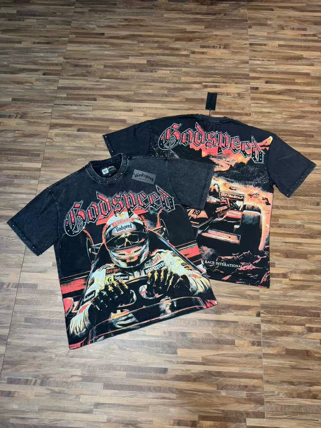 Godspeed Vintage Racing Driver Graphic T-Shirt – Black Hover Image