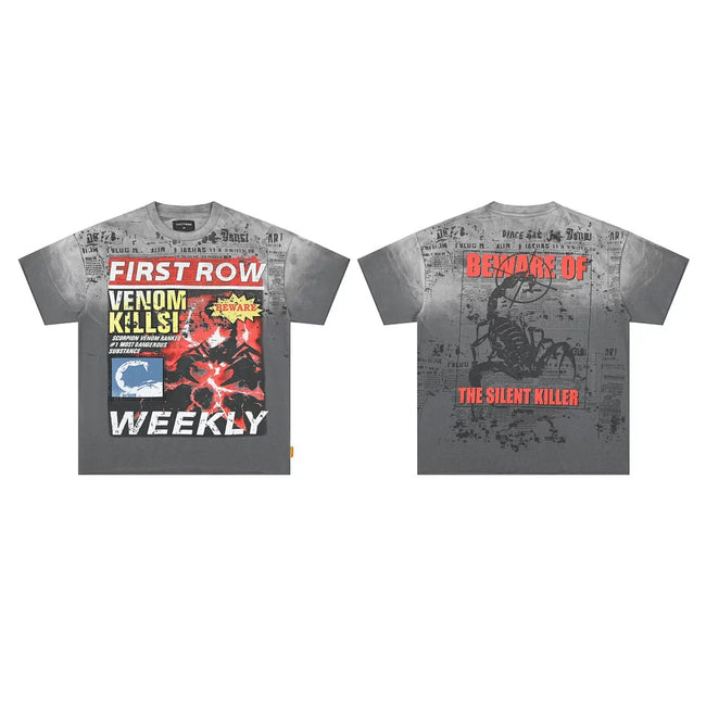 First Row “Venom Kills / Silent Killer” Scorpion Newspaper Vintage Tee Hover Image