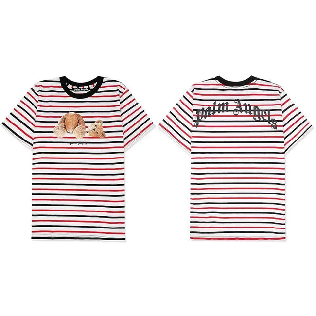 Palm Angels Striped Bear Graphic T-Shirt - Red/White/Black Hover Image